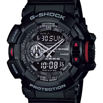 Casio Men's GShock Analog & Digital Black Quartz Watch GA4001BHDR NEW - BRAND Casio STYLE G-Shock REFERENCE GA-400-1BHDR CASE Black Resin STRAP Black Resin WATER RESISTANT 200 mt. / 660 ft. DIAMETER 55 × 51.9 × 18.3 mm DIAL Analog & Digital CRYSTAL Scratc