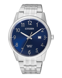 Citizen Men's Dress Quartz Blue Dial Stainless Steel Watch BI500052L NEW - BRAND Citizen STYLE Dress REFERENCE BI5000-52L CASE Stainless Steel STRAP Stainless Steel WATER RESISTANT 50 mt. / 165 ft. DIAMETER 39 mm. DIAL Blue CRYSTAL Scratch Resistant Miner