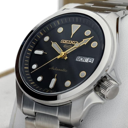 Seiko Men's 5 Automatic Black Dial Stainless Steel Watch SRPE57K1 NEW - Description Black dial. Silver-tone stainless steel case with a silver-tone stainless steel band. Automatic movement. 100 meters / 330 feet water resistance. Fixed bezel. Deployment w