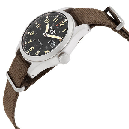 Seiko Men's 5 Sports Automatic Black Dial Watch SRPJ85K1 NEW - Description Black dial. Silver-tone stainless steel case with a dark olive green nylon band. Automatic movement. 100 meters / 330 feet water resistance. Fixed bezel. Case size 36.4 mm. Seiko S
