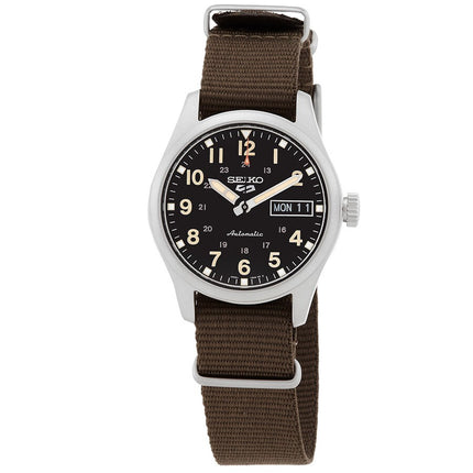 Seiko Men's 5 Sports Automatic Black Dial Watch SRPJ85K1 NEW - Description Black dial. Silver-tone stainless steel case with a dark olive green nylon band. Automatic movement. 100 meters / 330 feet water resistance. Fixed bezel. Case size 36.4 mm. Seiko S