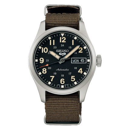 Seiko Men's 5 Sports Automatic Black Dial Watch SRPJ85K1 NEW - Description Black dial. Silver-tone stainless steel case with a dark olive green nylon band. Automatic movement. 100 meters / 330 feet water resistance. Fixed bezel. Case size 36.4 mm. Seiko S